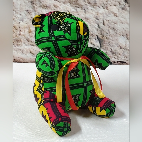 African Print Teddy Bear with Red and Yellow Ribbon - Picture 2 of 2